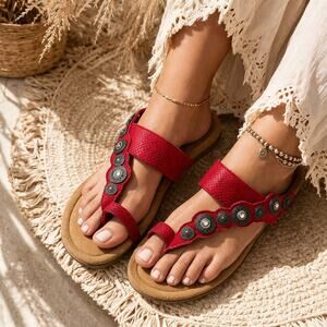 Minnetonka Sandals Womens 10 Red Leather Cushion Comfort Slides Slip On Shoes